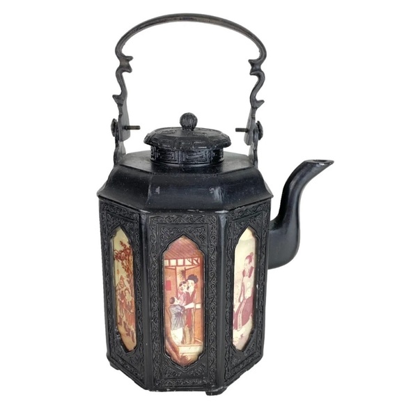 Vintage Chinese Shantou Teapot Pewter Metal Reverse Glass Painted Panels Black - Picture 2 of 16